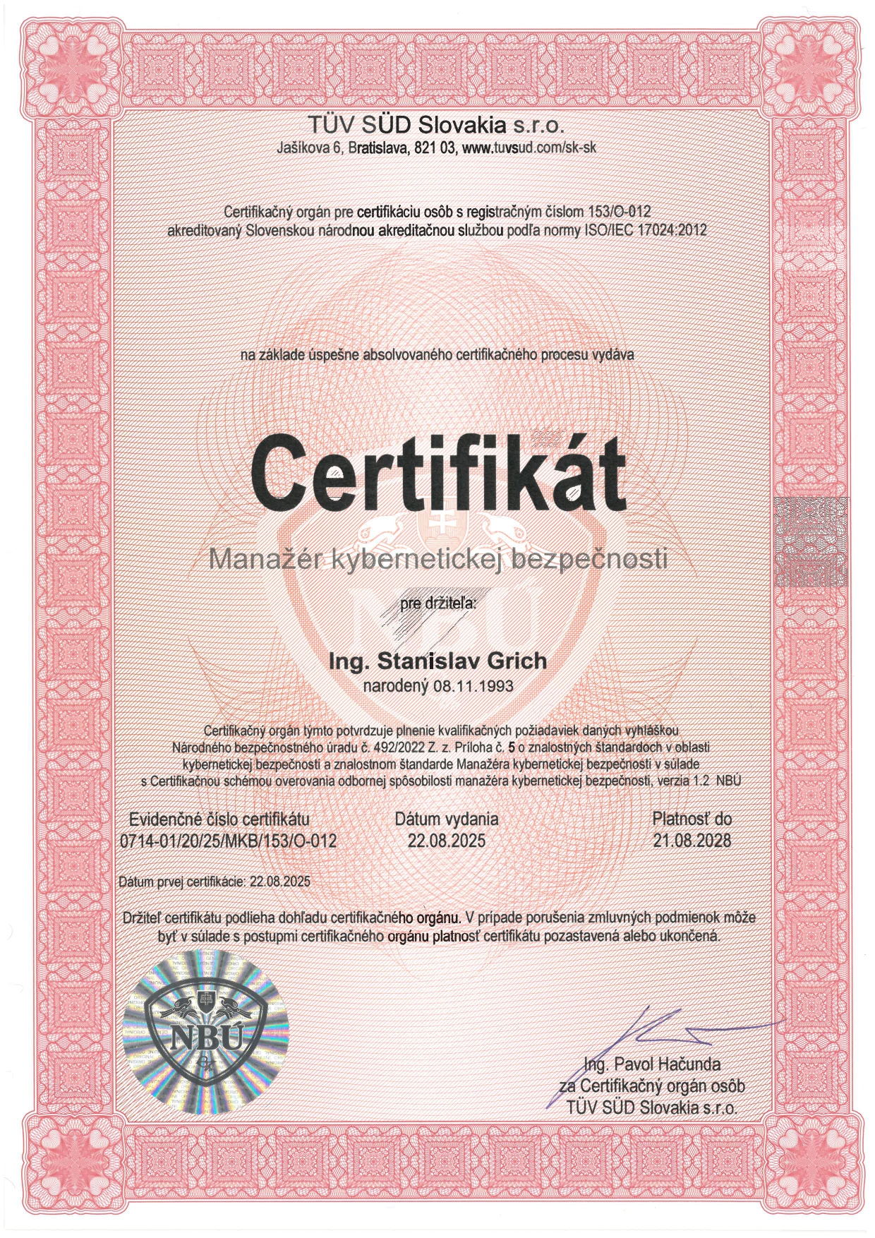 Certifikát Manažéra kybernetickej bezpečnosti - NBÚ