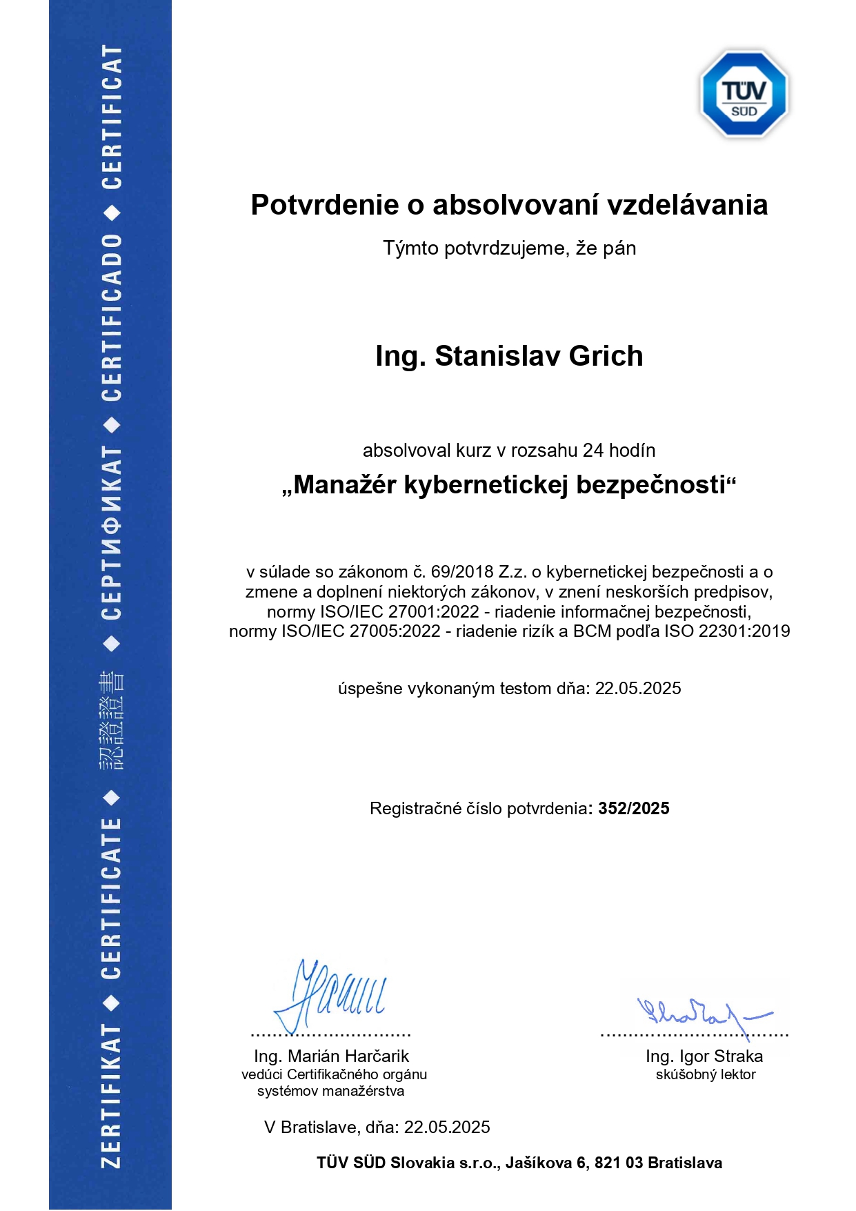 TÜV SÜD Slovakia - Potvrdenie o absolvovaní vzdelávania